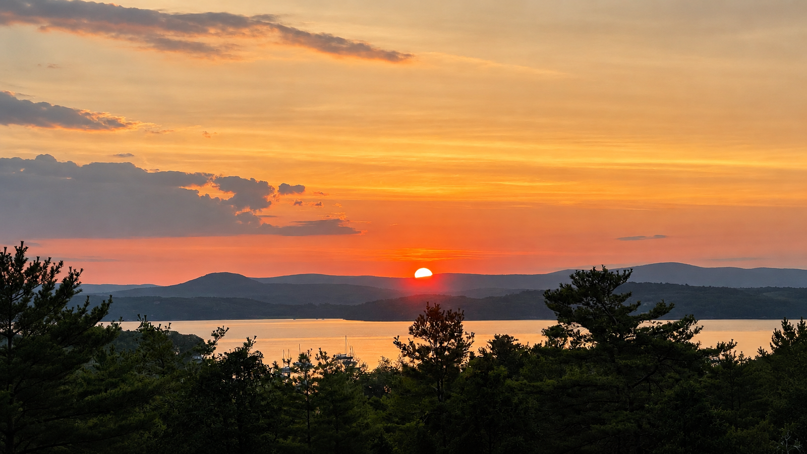Sunset over Lake Champlain framed by the Green Mountains in Vermont