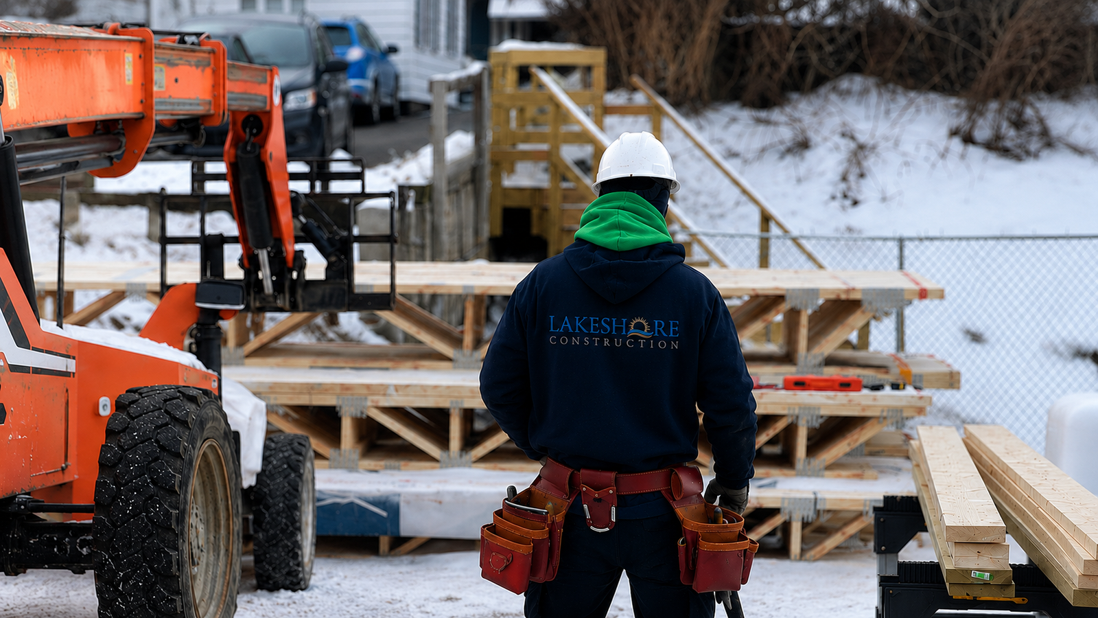 Lakeshore Construction crew member on a framing site during a Vermont winter