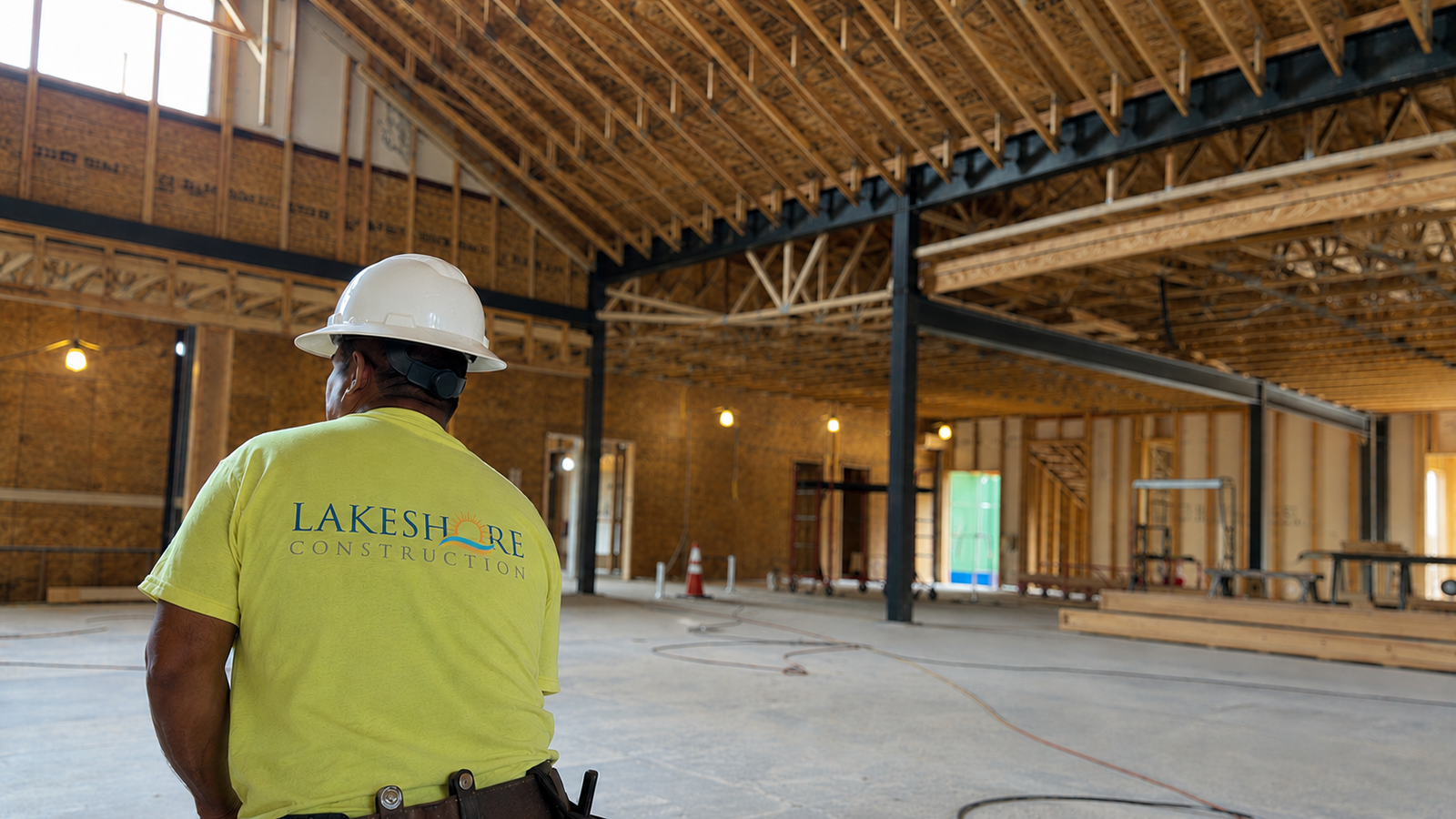 Lakeshore Construction crew member in a branded shirt and hard hat inside a large open commercial interior framed with wood roof trusses and steel beams