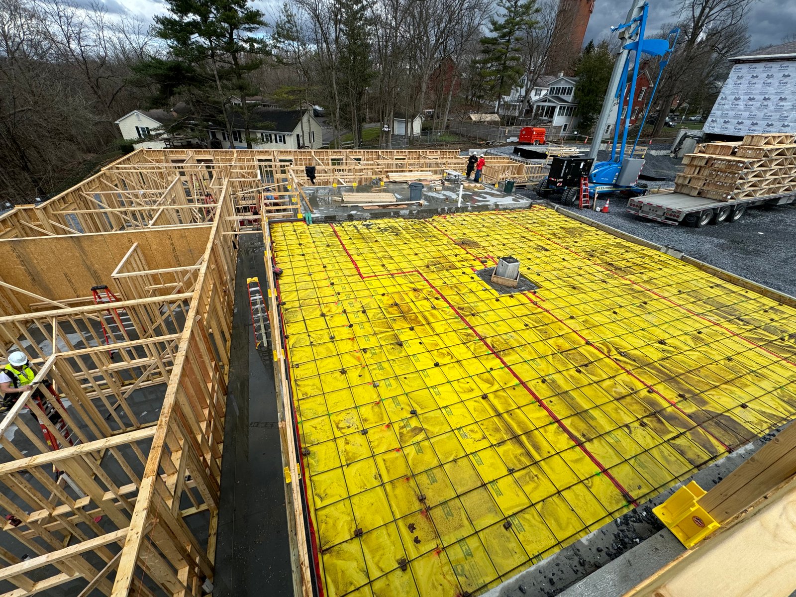 Aerial view of a Lakeshore Construction floor framing and slab